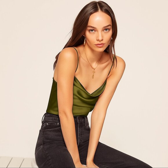 100% Silk 🇺🇸 Made in USA Olive Green Reformation Camisole Tank Top - Picture 2 of 8